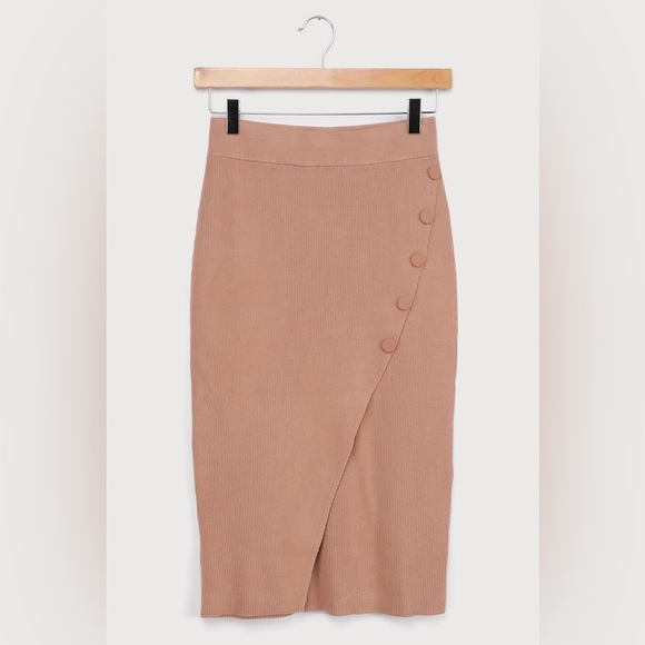 NWT | Iris Tan Ribbed Knit Faux Wrap Midi Skirt - Picture 4 of 9